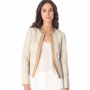Tory‎ Burch Leather Jacket Woven Lasercut details Cream Tan trim Women’s 6